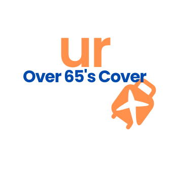 Logo featuring "ur" in orange and "Over 65's Cover" in blue, with a suitcase and plane design.